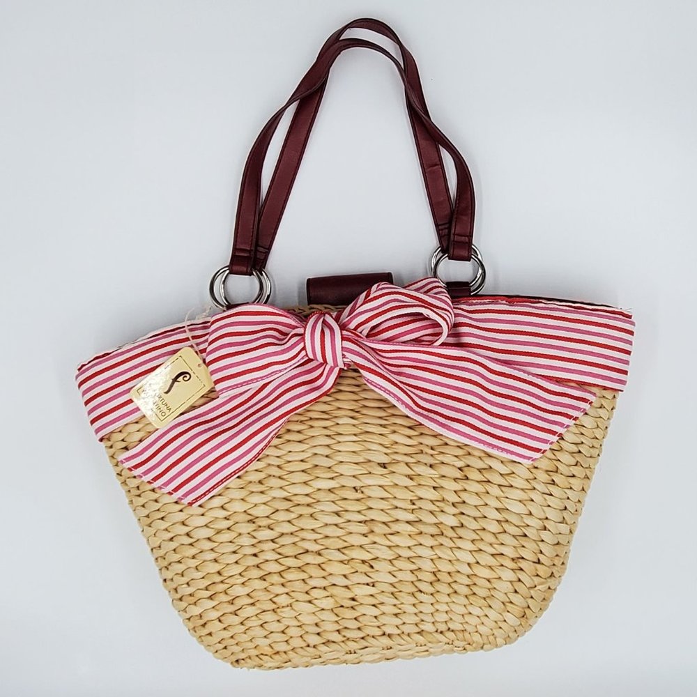 Fortuna Valentino Straw Tote with ribbon accent